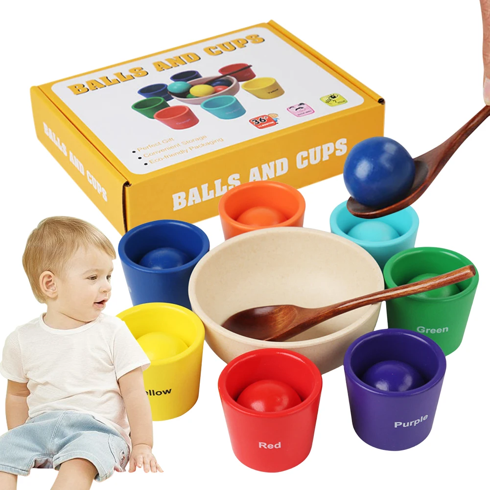 Bolas de arcoíris en tazas, juguete de clasificación de colores de madera, bolas grandes en tazas de 1,57 pulgadas, juguete de 7 pelotas para niños de más de 2 años, para niños pequeños y bebés