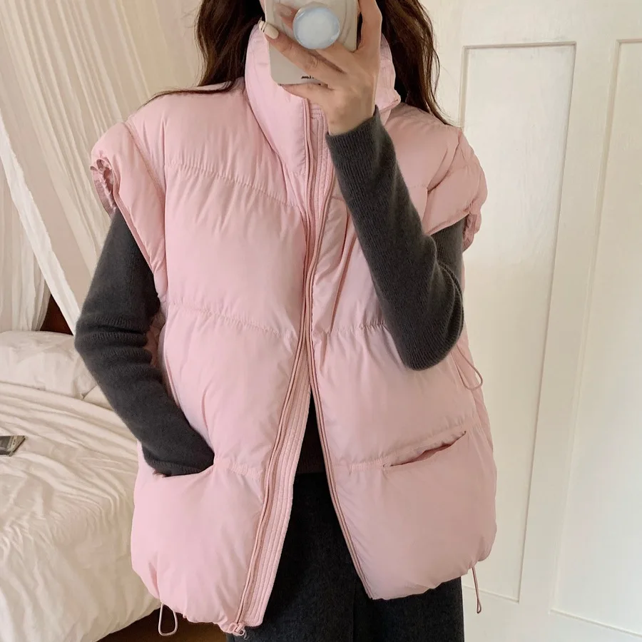 Stand Up Collar Cotton Vest Women's Short Candy Color Women's Sleeveless Vest Korean Version Waistcoat Looose Coat Jacket Women