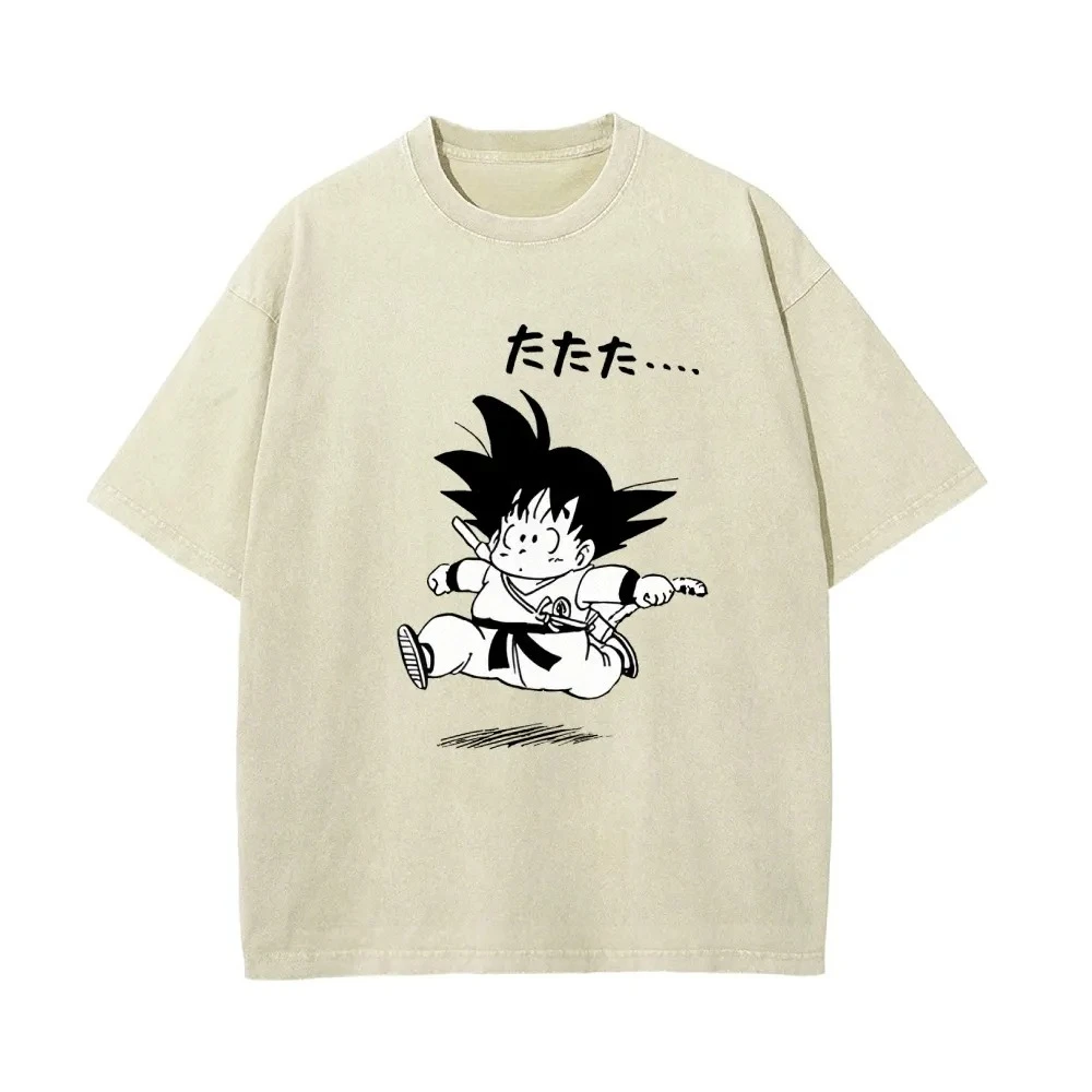 Dragon Ball Men's and Women's Washed T-Shirt Son Goku Summer and Spring Anime Tee Retro  Distressed Punk Fashion Short Sleeve