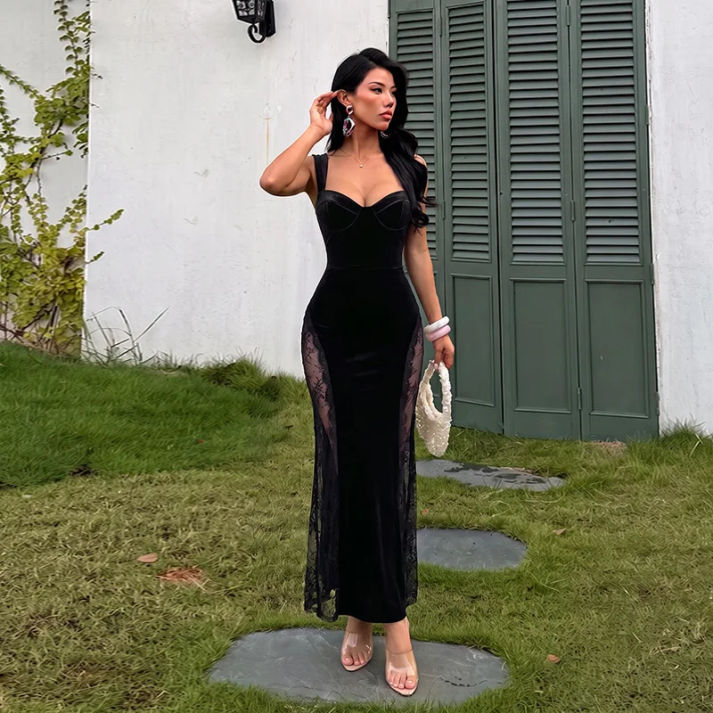 Zm26474pfo Velvet Lace Roll Lay Off Fishtail Clothes Women's Smart Fit Fatigue Evening Long Clothes Robe Clothing Elegant