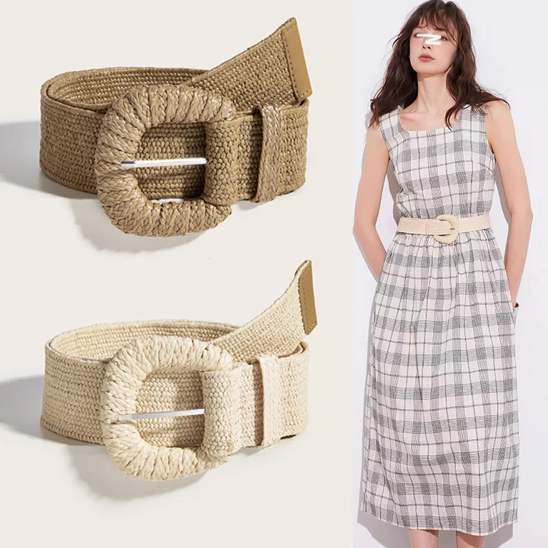 Braided Waist Belt Female Vintage Boho PP Fake Straw Wide long Belts Waist Strap For Women round square buckle dress decorative