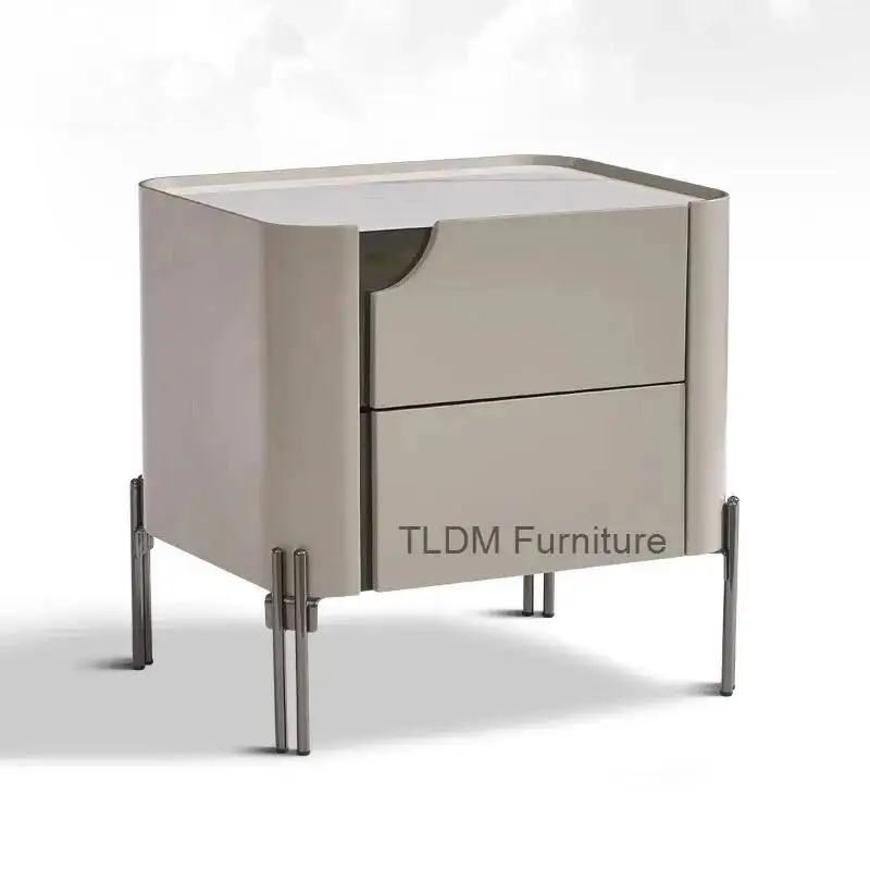 Italian Minimalist Bedside Table Simple Stainless Steel High Foot Rock Board Cabinets Master Bedroom Bedside Storage Cabinets