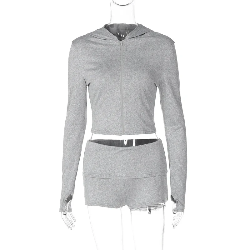 2025 Set da 2 pezzi di moda con cerniera solida con cappuccio Cappotto corto sottile sexy Top pantaloncini Autunno Abbigliamento donna Sport Streetwear