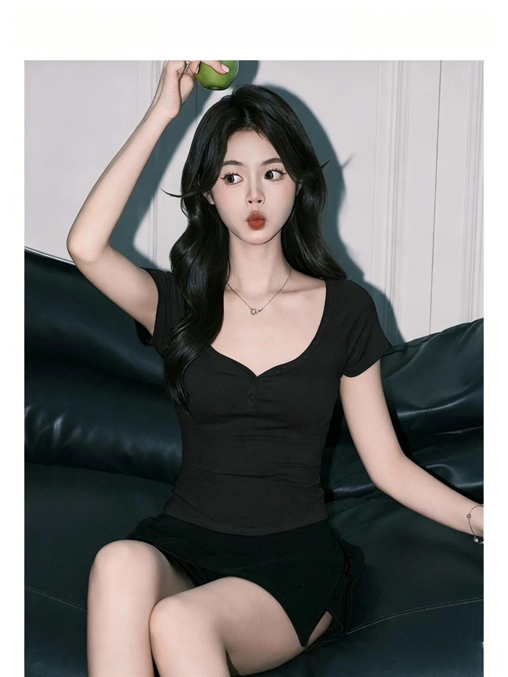 Slim Fit Short Sleeve T-Shirt Women's V-Neck Button up Cotton 95% Summer New Style plus Size Comfortable Breathable Top