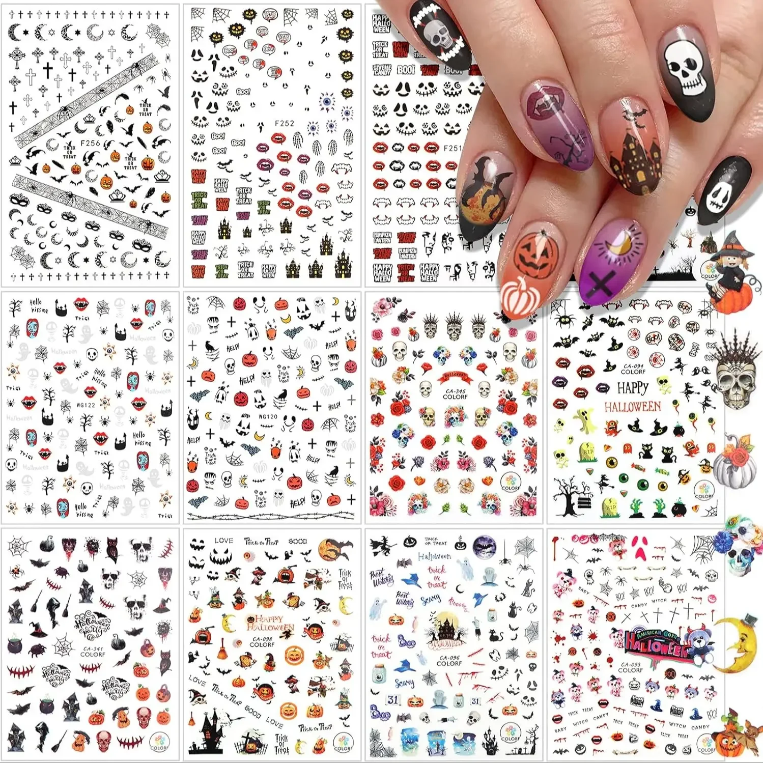 

12 Halloween Stickers Nail Stickers Adhesive Stickers Waterproof Long-Lasting DIY Halloween Nail Decoration Stickers