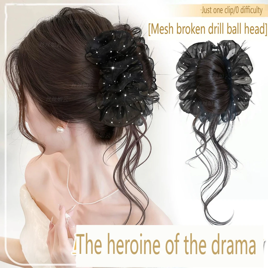Synthetic bow Grab clip synthetic wig for women messy curl scrunchie bun ponytail lengthening low bun hair wig