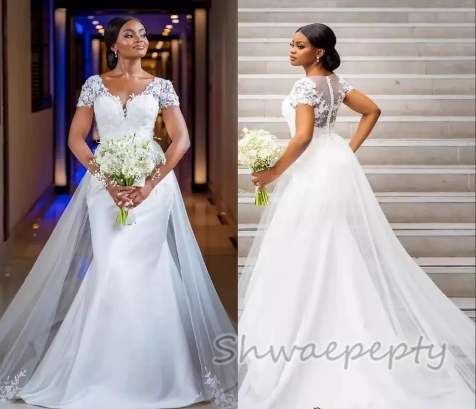 Abiti da sposa classici a sirena maniche corte applicazioni in pizzo con perline scollo a V lungo abito da sposa africano treno staccabile personalizzato