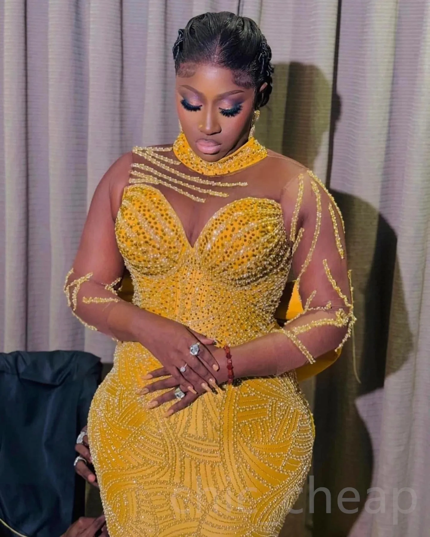 Yellow Mermaid Prom Dresses Long Special Occasions Formal Dress Bow Full Sleeves Gorgeous Beaded Evening Party Gowns Illusions image 2