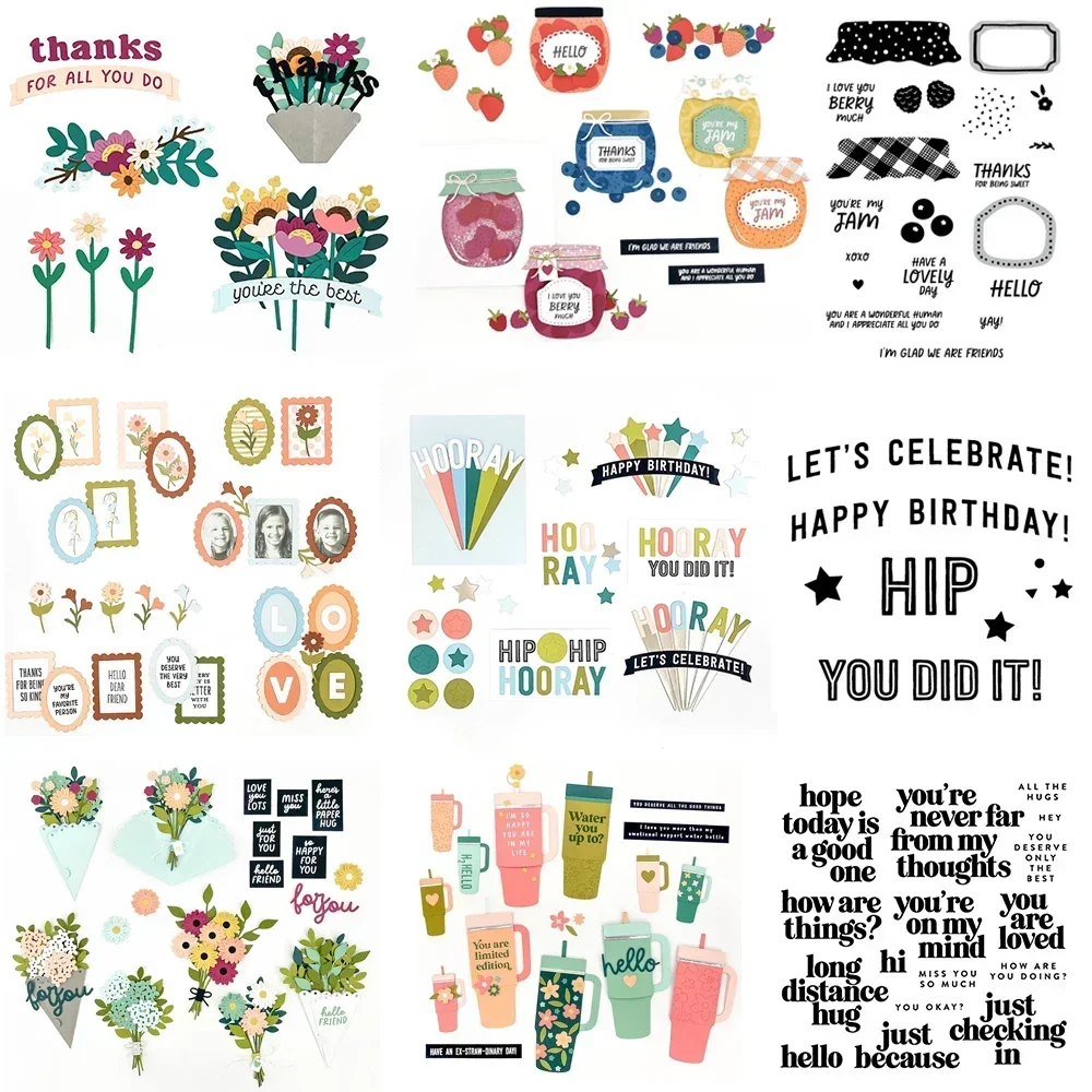 Burst of Blooms/Hugs/Cheer Stempel und Stanzformen, Beeren und Marmeladenbecher, gestanztes Set für DIY-Scrapbooking, Papierhandwerk, Kartenherstellung
