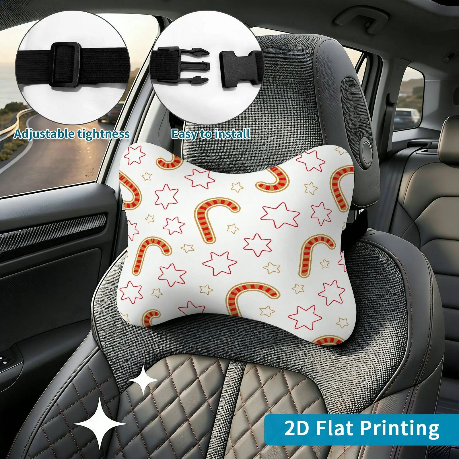 2pcs Candy Cane Star Pattern Car Seat Headrest, Neck Support Cushion, Suitable For All Seasons Of Car Additions, Festive Theme,
