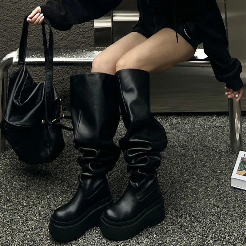 Women Square Heel Pleated Long Booties Winter Chunky Knee High Boots Slip on Design Fashion Party Dress Ladies Footwear