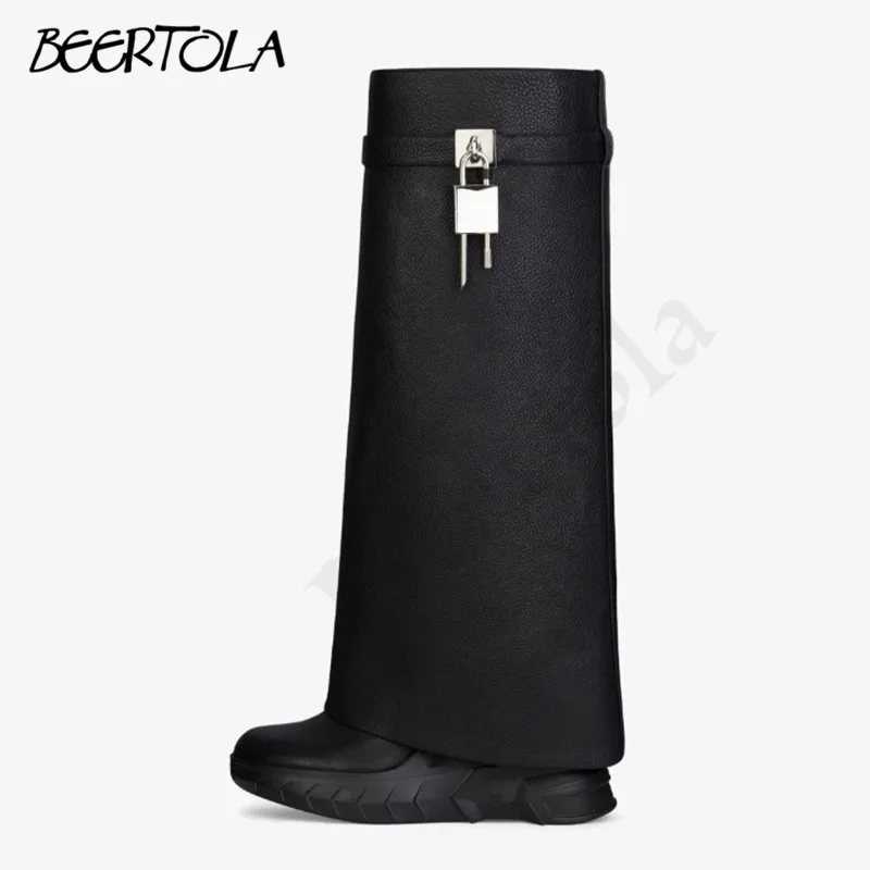 

Shark Buckle Large Tube Boots Straight Lock Buckle Mid-Length Boots Molded Thick Sole Fashionable Personality Trouser Boots