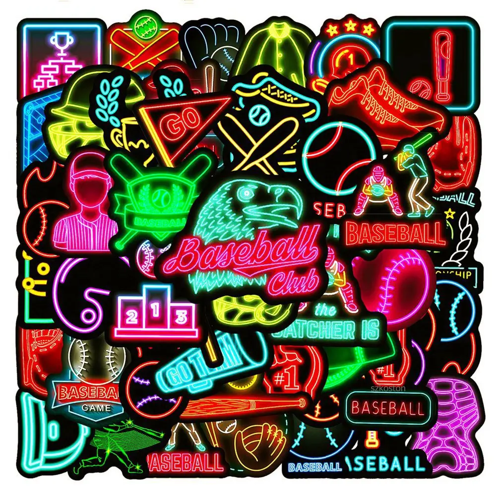 50PCS PVC Neon Baseball Stickers Baseball Party Decorations Waterproof Stickers for Water Bottle Laptop Luggage Helmet Gifts