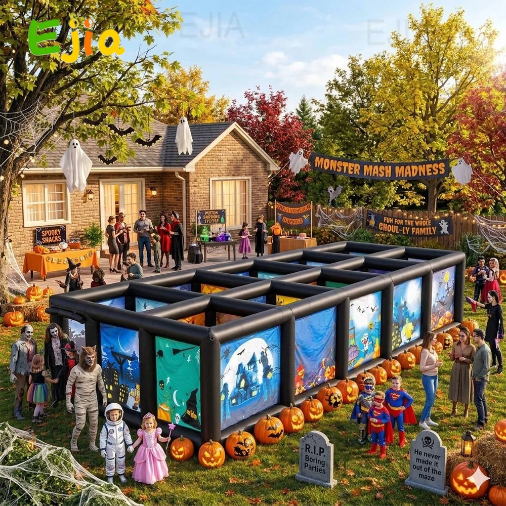 Giant 36ft Inflatable Halloween Maze Haunted House, Outdoor Labyrinth Game with Pumpkins Ghosts Bats, Heavy Duty Blow Up Ghost House for Backyard Party Event Rental, Includes Blower & Repair Kits