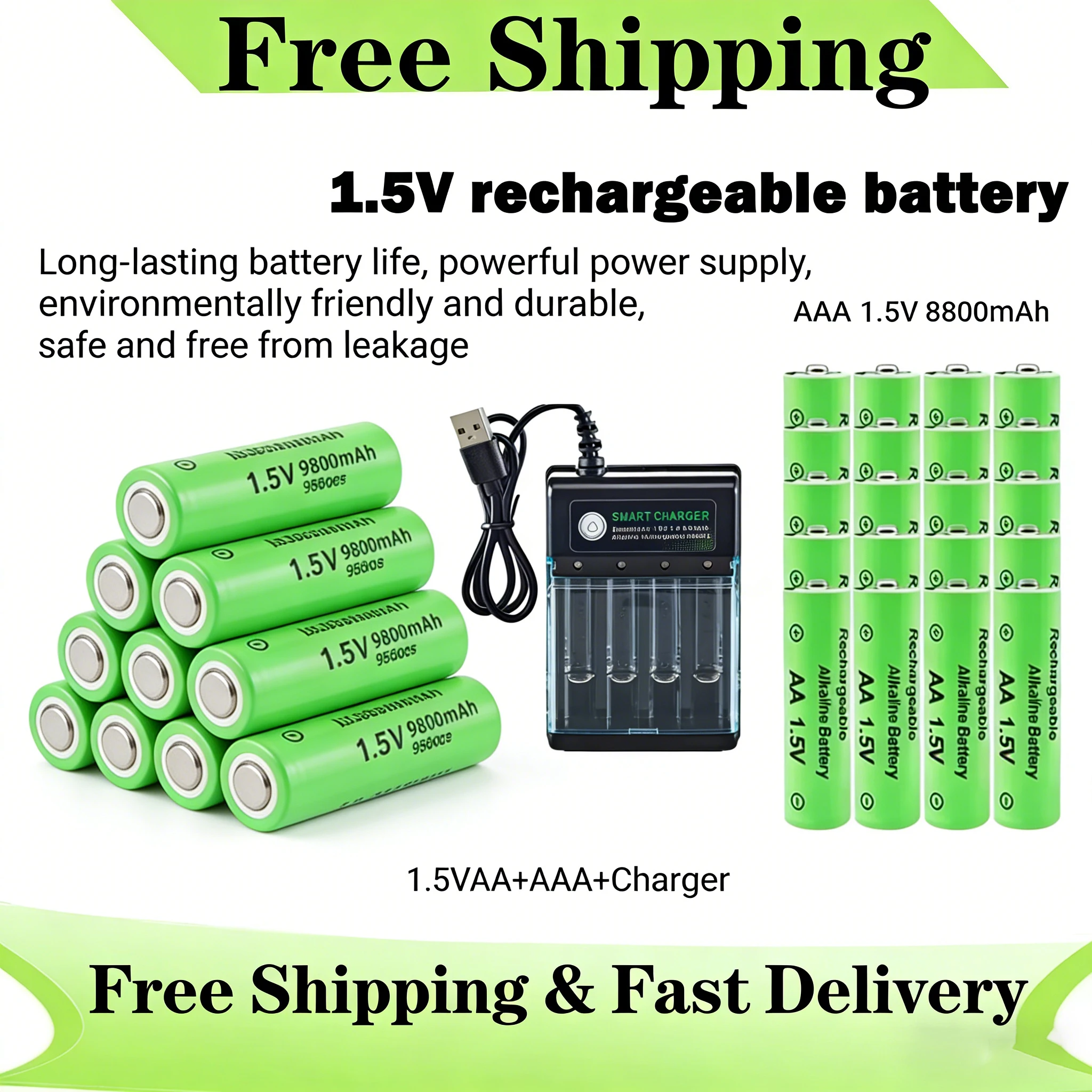 

AA AAA 1.5V Rechargeable Batteries 9800mAh/8800mAh Lithium Ion Battery + Smart Charger for Xbox Controller, Mouse, Keyboard