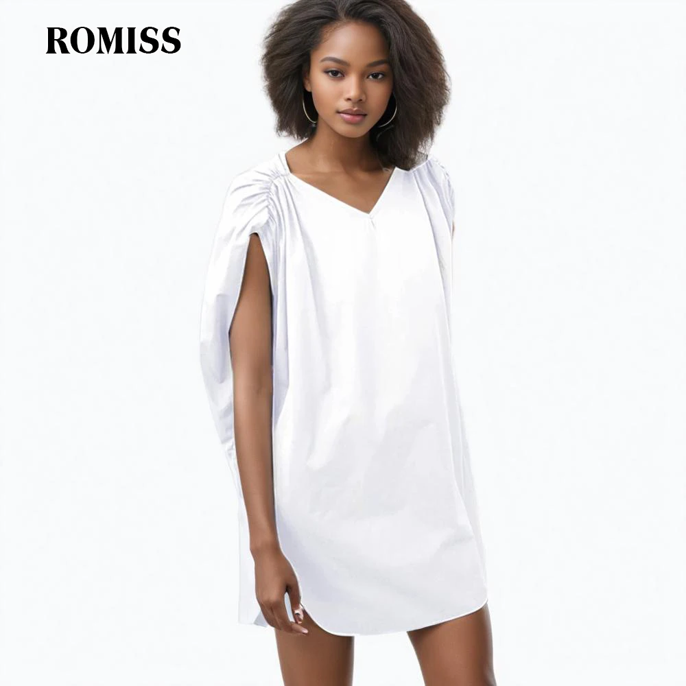 ROMISS  Pullover Solid Dresses For Women V Neck Sleeveless High Waist Minimalist Elegant Dress Female Summer Fashion New