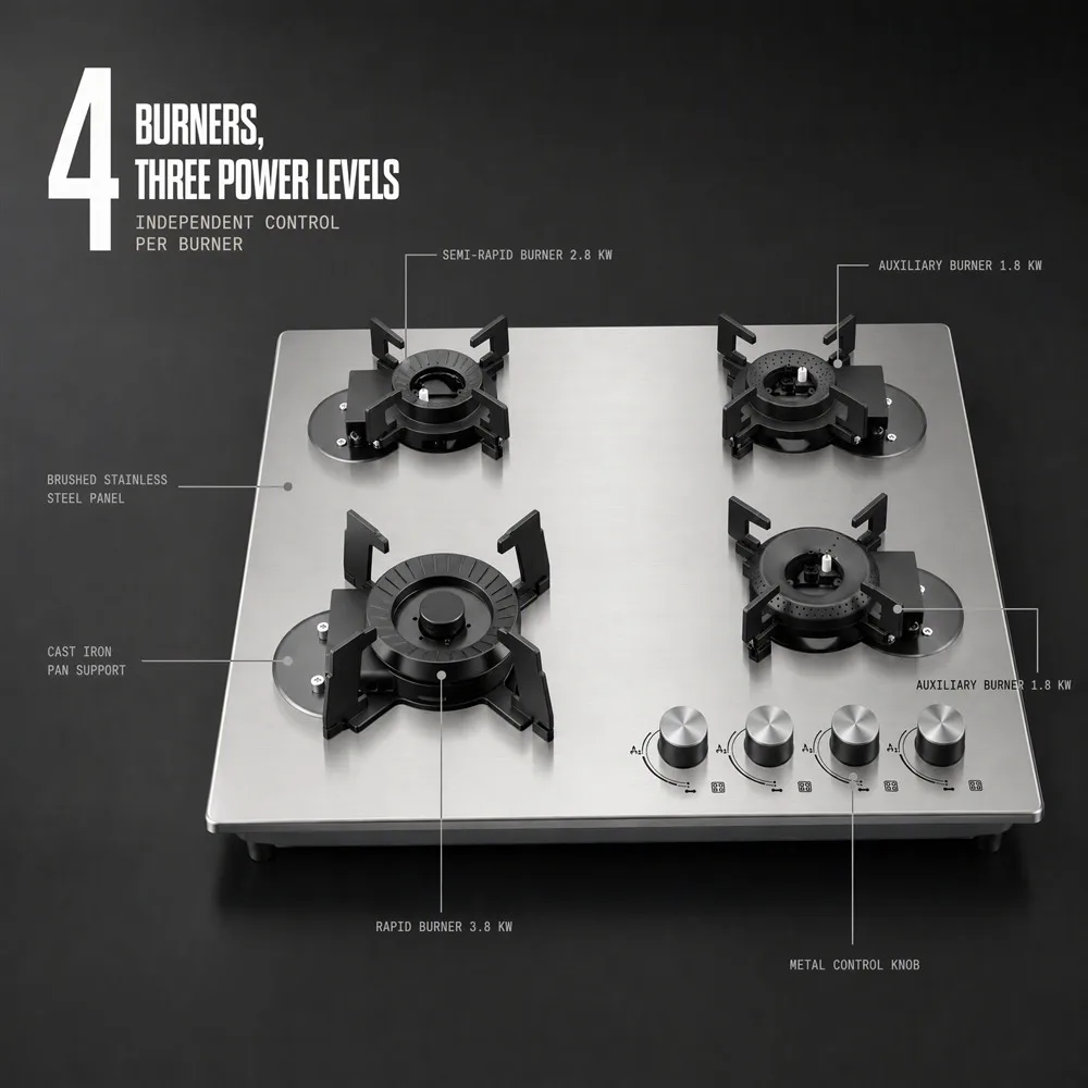 Built-In 4-Burner Gas Hob with Stainless Steel Panel and Cast Iron Support