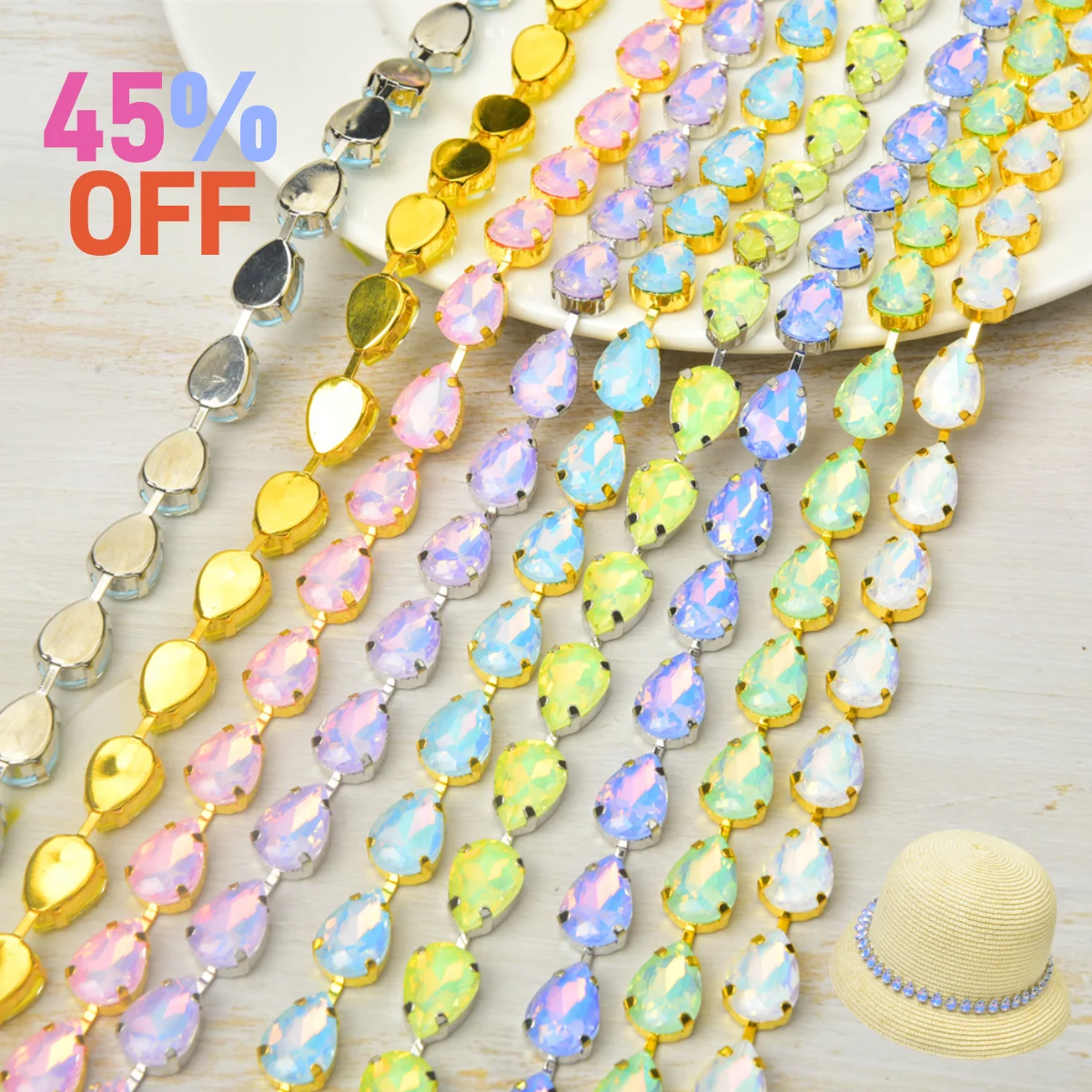 45Cm New 7 Colors Water Drops Shape Opal Mocha Rhinestones Chain Shiny Gold Silver Base Trim For Diy Garment  Decoration Accesso