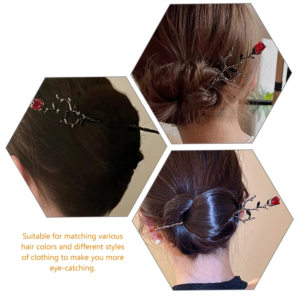 

2pcs Rose Flower Sticks Metal Bun Chignon Pins Accessories For Women Durable Alloy Chopstick Easy To Use For All Colors Styling
