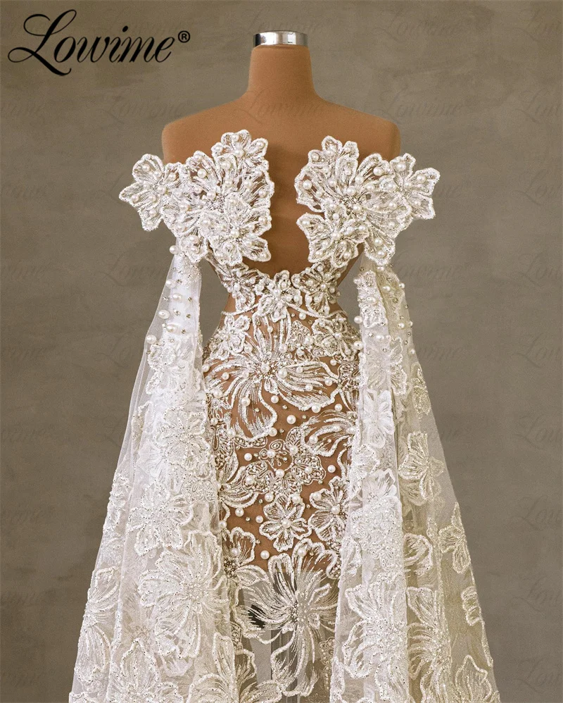 2024 Newest Designer Lace Floral Long Cape Sleeves Prom Dresses Pearls Women Wedding Party Dress Engagement Gowns Evening Dress