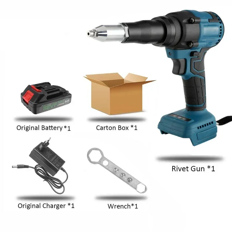 88VF Brushess Electric Rivet Gun Cordless Rivet Nut Gun 3.2-4.8mm Drill Insert Automatic Riveting Tool with Light 1/2PC Battery