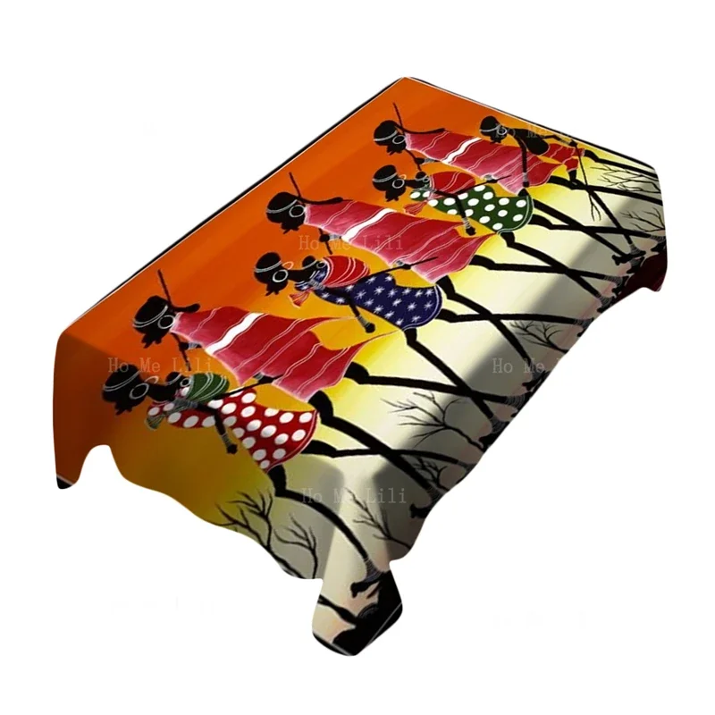 Mantel rectangular de arte moderno africano con puesta de sol para mujer Afro caminando en el suelo Barren, mezcla de cultura, religión, de Ho Me Lili