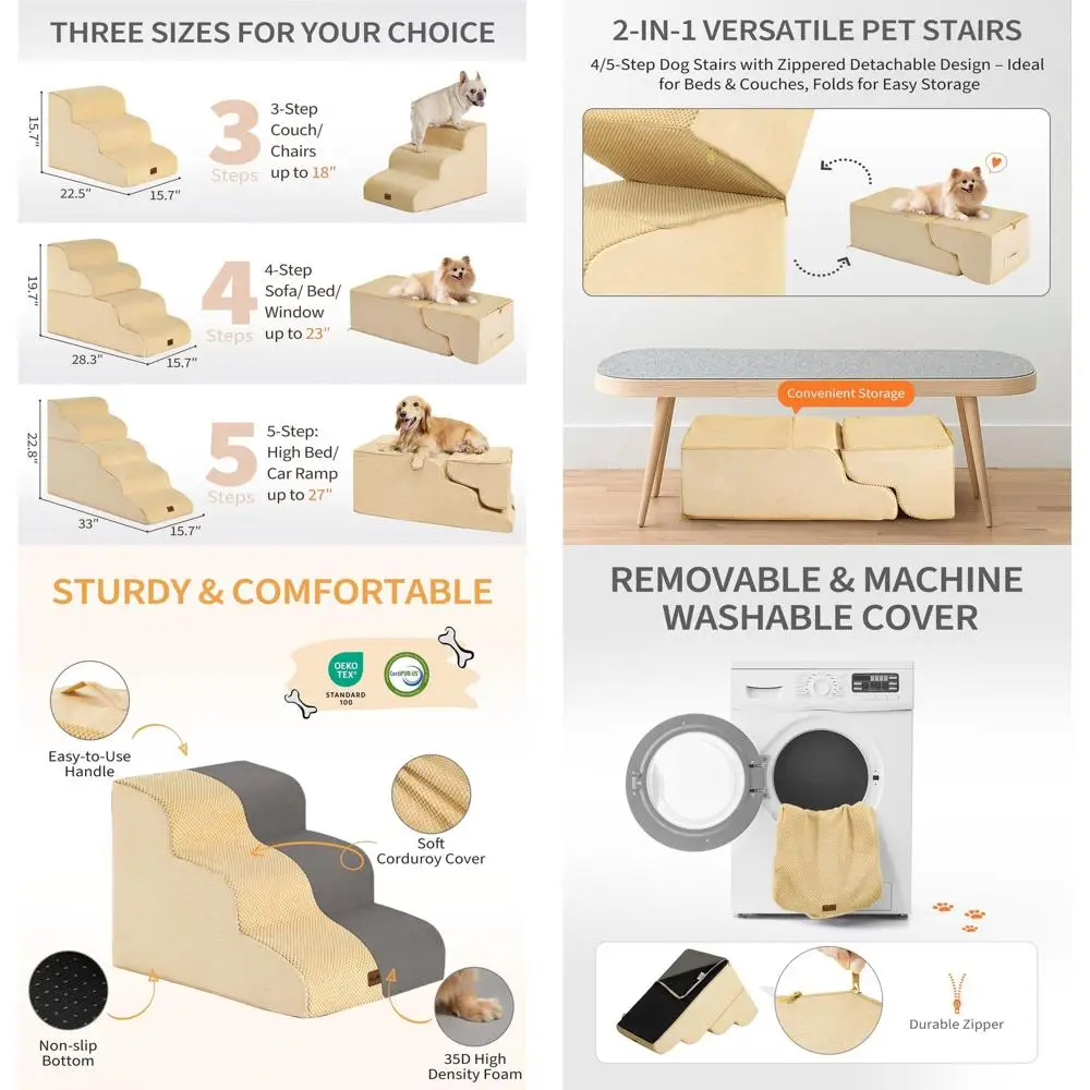 

5-Step Pet Ramp for High Beds, 22.8 High, Non-Slip Foam Steps for Small Dogs and Cats, Tan