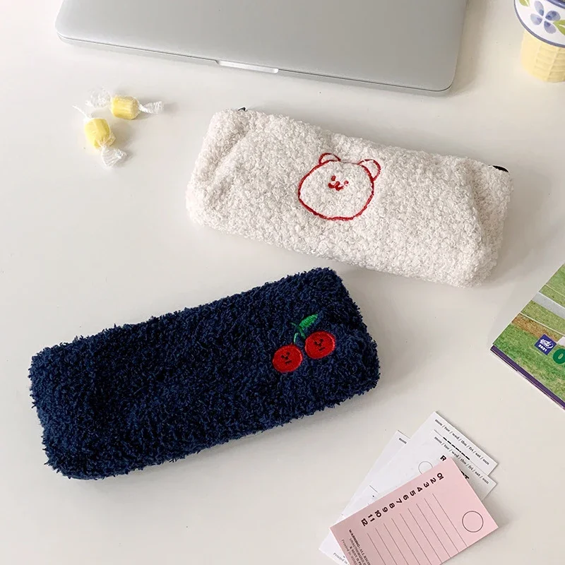 Bear Lambwool Pencil Pen Pouch Stationery Pouch Bag Cherry Embroidery Pencil Bag Plush Pencil Case Cute School Supplies