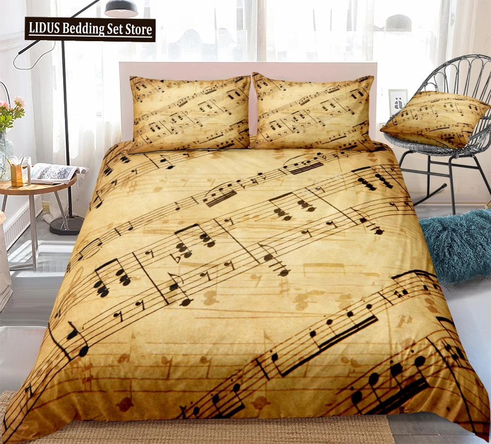 

Music Stave Notes Duvet Cover Set Vintage Bedding Set Queen Quilt Cover Retro Bed Set Boys Home Textiles