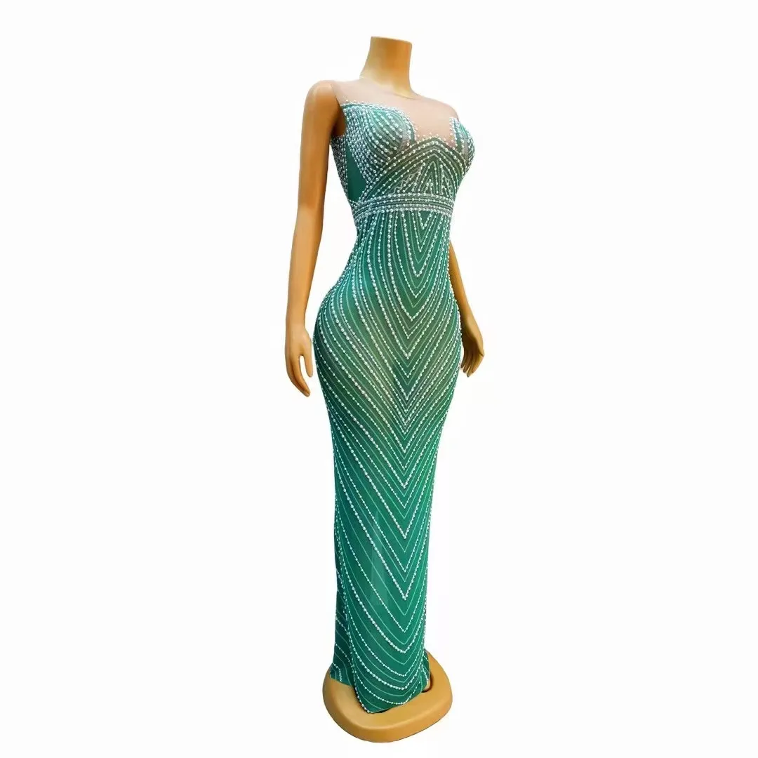 

New Designed Green Mesh Pearls Sleeveless Stretch Dress Evening Birthday Celebrate Costume Prom Party Show Photo Shoot Dress