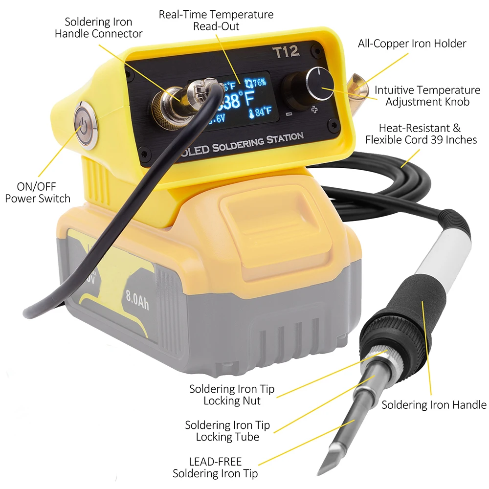 Stazione di saldatura regolabile OLED Quick Heating T12 stazione di saldatura per batteria agli ioni di litio DeWalt 18V per riparazione fai da te