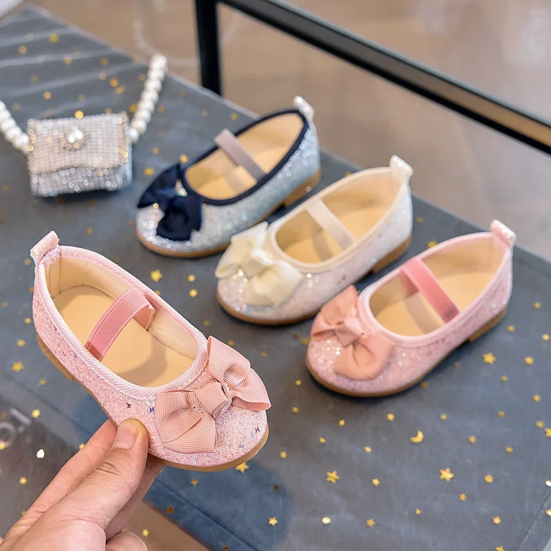 

Fashion Shallow Mouth Girl Princess Shoes 2025 Autumn New Kids Bow Leather Shoes Comfort Anti Slip Girls Sparkle Casual Shoe
