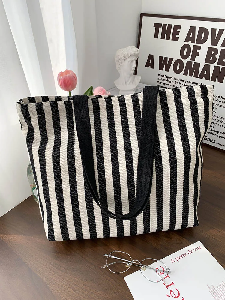 Simple Striped Women's Canvas Casual Shoulder Bags Fashion Large Capacity Ladies Tote Handbags Female Daily Shopping Bags