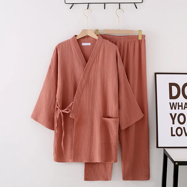 Miłośnicy japońskiego garnituru kimono 100% bawełniana krepa piżama spodnie z długim rękawem dwuczęściowy garnitur kimono dla mężczyzn i kobiet bielizna nocna