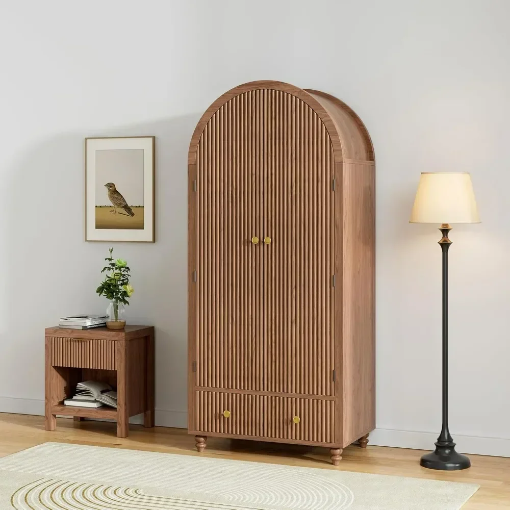 YQXH Mid-Century Arched Wooden Wardrobe, Modern Stylish Storage Cabinet, Bedroom Freestanding Closet Organizer