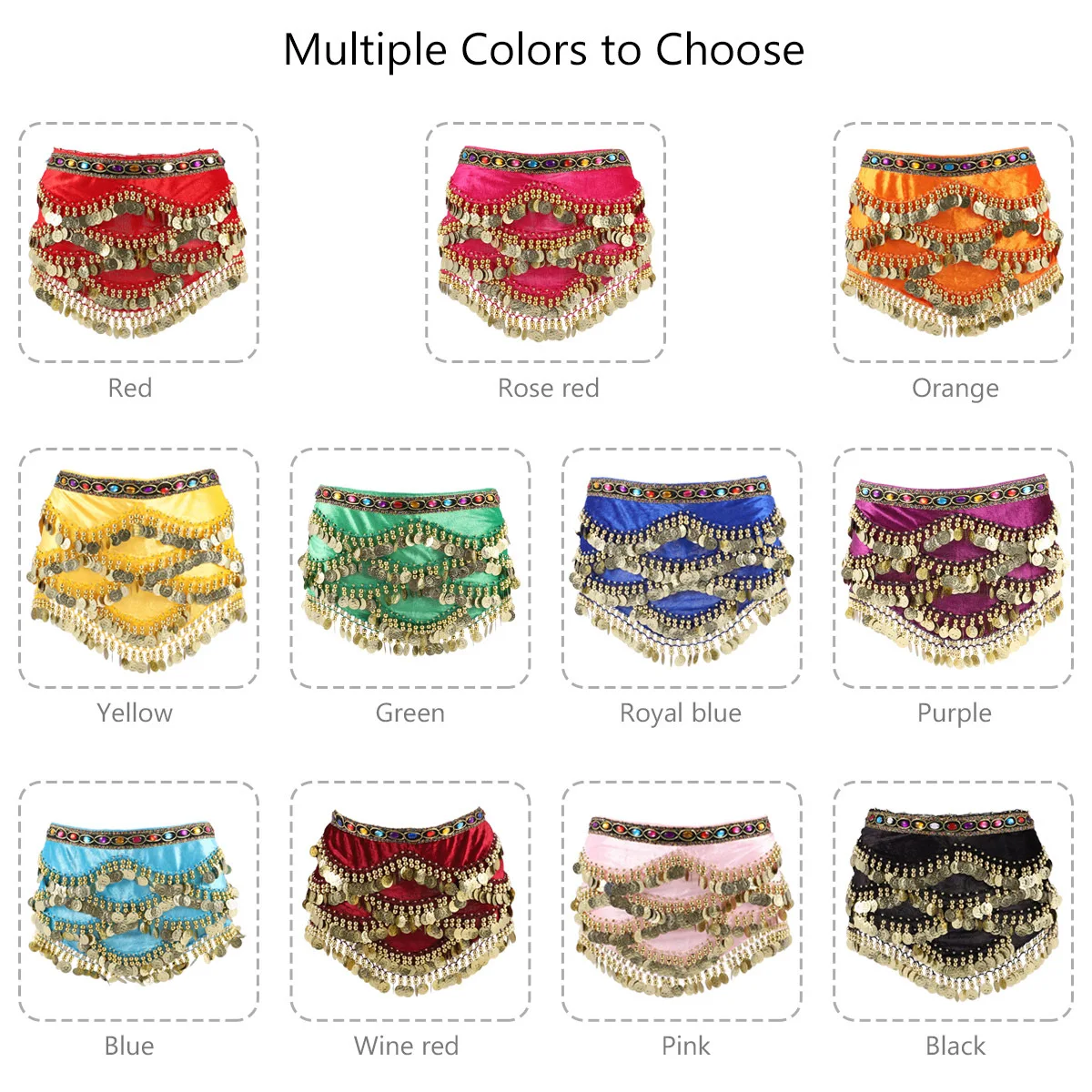1Pcs India Dance Waist Chain Beautiful Color Hip Scarf with Diamonds Coins Lightweight Elegant Belly Dance Belt for Women