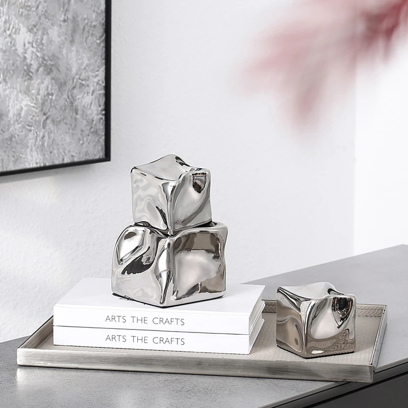 Accessories Minimalist Electroplated Silver Abstract Ceramic Ice Cube Decoration Living Room Furnishings