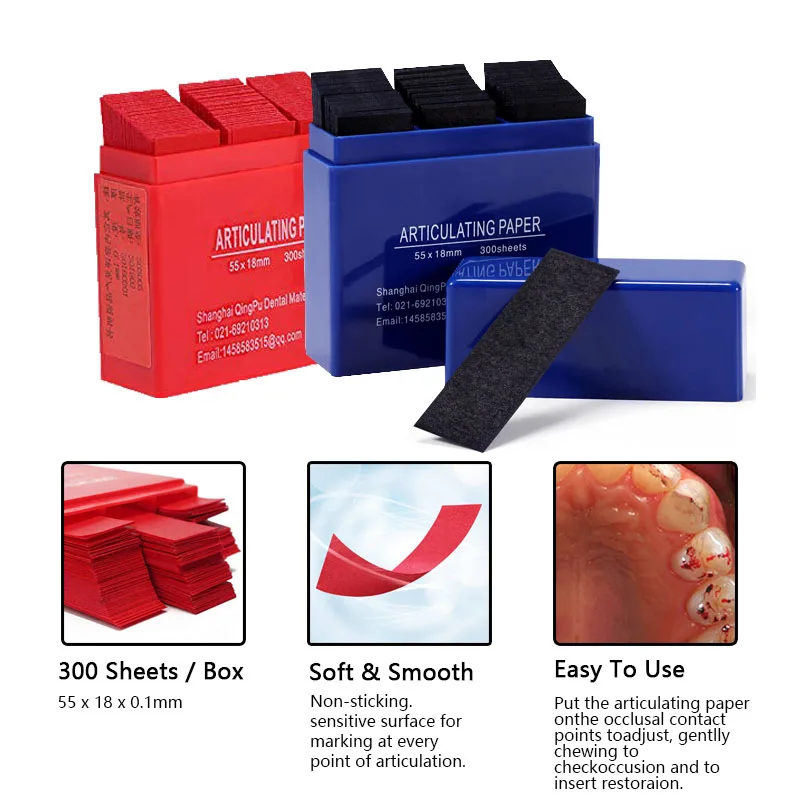 

Dental Articulating Paper 300PCS/BOX, Plastic Dispenser Blue/Red 100 Micron Bite Articulating Paper & Film Doubled Side