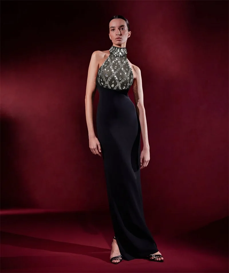 

Luxury Crystals Black Women's Prom Dress Sexy Sleeveless High Neck Bandage Formal Sheath Pageant Long Robes Party Evening Gown