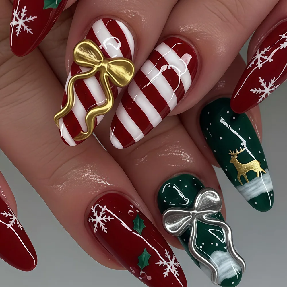 24pc Christmas Red Green Stripe Press On Nails Snowflake Elk 3D Metal Bow False Nail Almond Holiday Fake Nail for Women&Girl