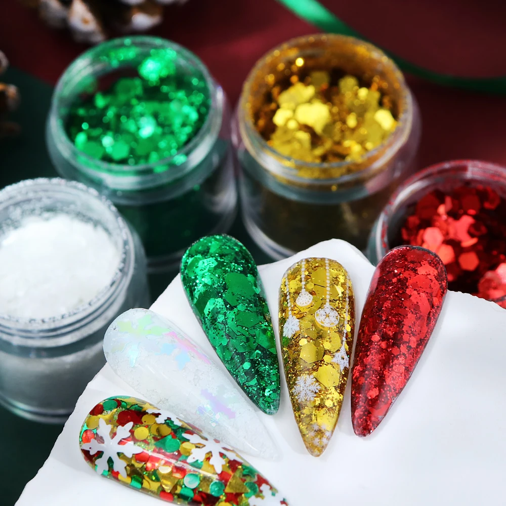 4개/세트 육각형 스팽글 크리스마스 네일 아트 부품 레드 그린 청키 글리터 플레이크 크리스마스 매니큐어 장식 액세서리 네일 참