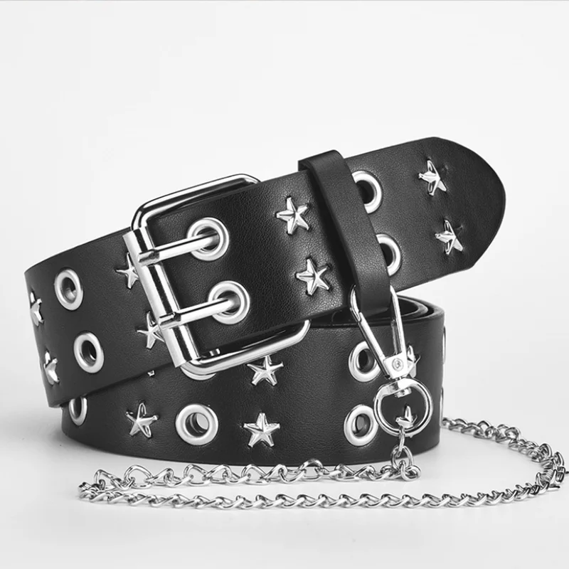 New Star With Chain Eye Rivet Belt Goth Style Double Pin Buckle Man/woman Punk Style Pu Leather Waistband for Jeans Y2K Belt