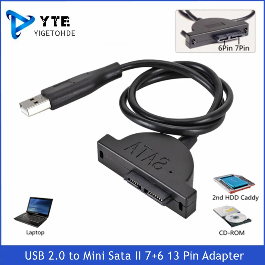 YIGETOHDE USB 2.0 to Mini Sata II 7+6 13 Pin Adapter For Laptop CD/DVD ROM Slimline Drive Converter Cable Screws Steady Style