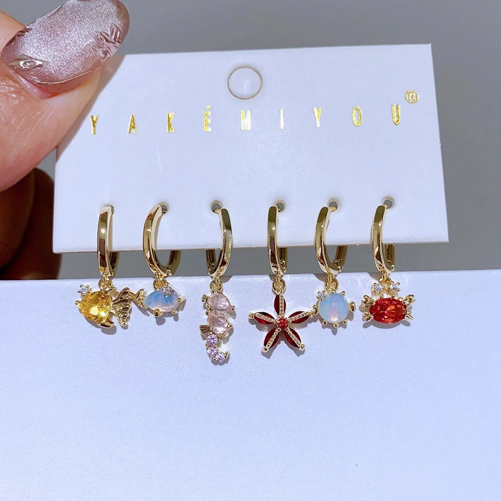 Trendy 6pcs Design Marine Sea Animals Pendant Dangle Earrings Set Gold Plated Cubic Zirconia Women Jewelry