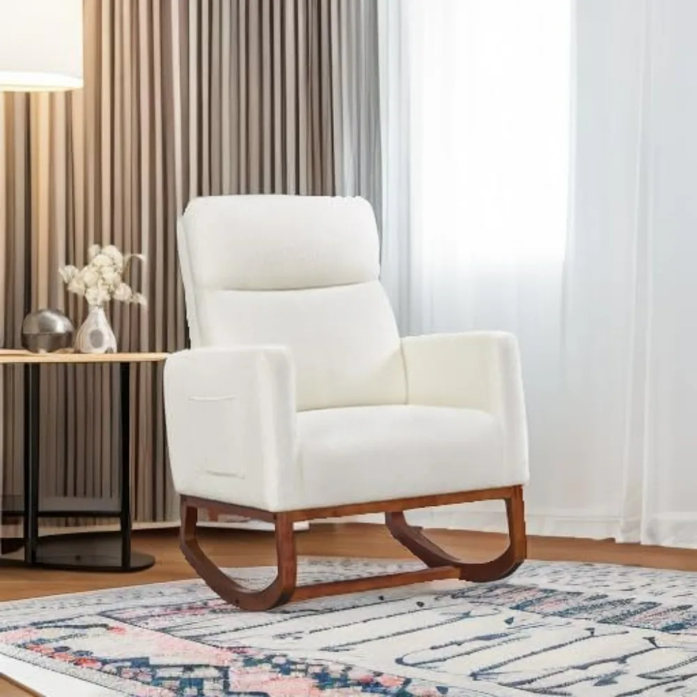 Upholstered Rocking Chair, Boucle Glider Chair Nursery Chair With High Back And Side Pocket, Rocking Accent Armchair W