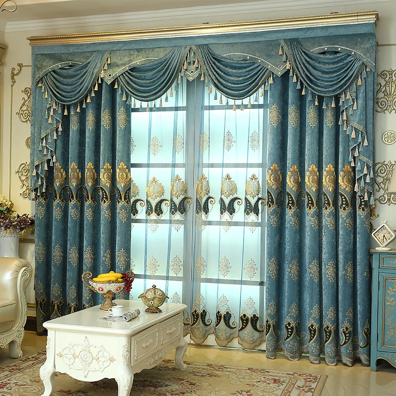 

Small Pepper Blue High-end European Chenille Embroidered Finished Head Villa Window Curtains for Living Dining Room Bedroom Home