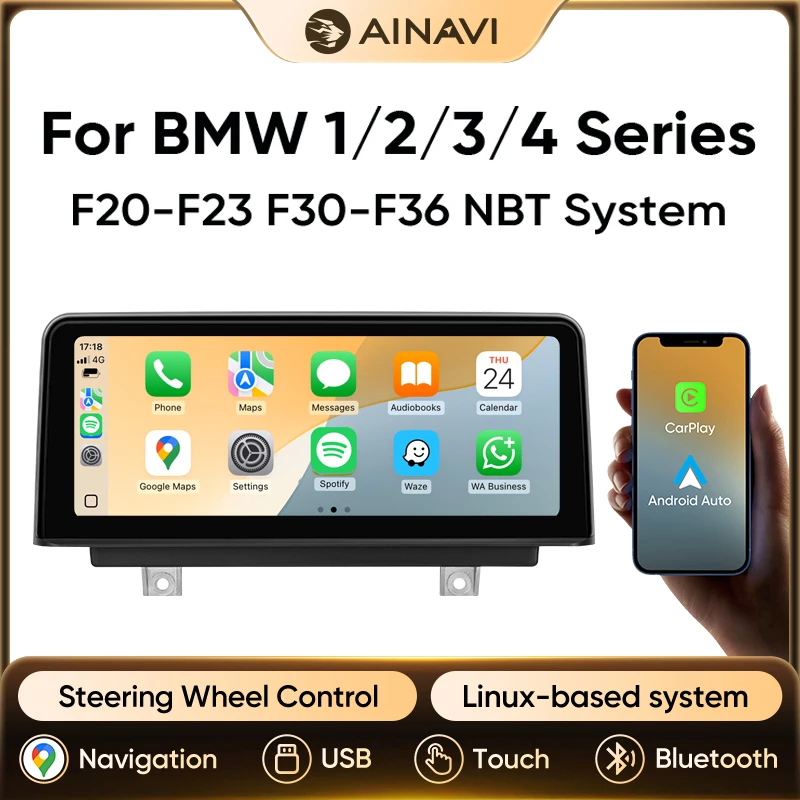 Autoradio AINAVI pour BMW Série 1 2 3 4 F20 F21 F22 F30 F31 F33 F34 F36 NBT, Android Auto sans fil, Carplay, Bluetooth, lecteur multimédia de voiture 10,25 pouces, écran Carplay pour voiture, radio automobile, Carplay pour voiture, systèmes intelligents pour voiture