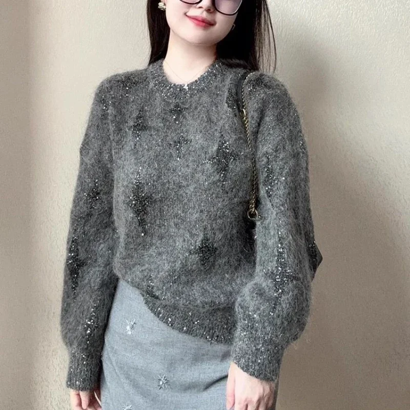 

Lazy High End American Vintage O Neck Long Sleeve Sweaters Streetwear Sequin Star Print Jumpers Harajuku Y2k Girl Clothes