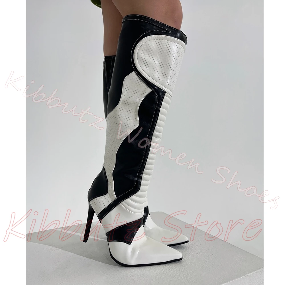 Knee High Boot Motorcycle Color Block Leather Mixed Color Stiletto Heel Pointed Toe Streetwear Fashion Party Women Shoes Slip-On