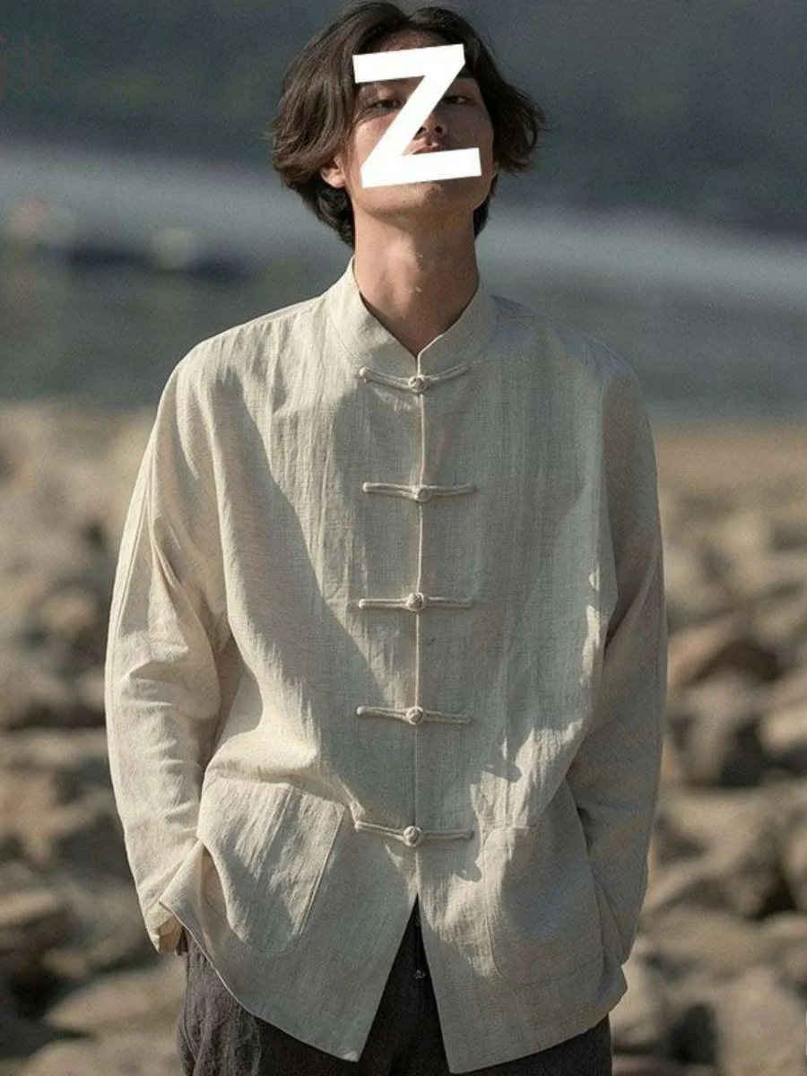 

Men's Trendy Retro Cotton Linen Long Sleeve Shirt Stand Collar Zhongshan Style Casual Loose Fit Spring Autumn Season Wear